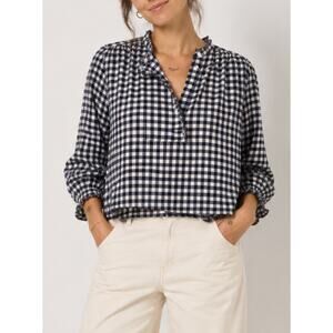 MABE Cotton Gingham Check Ruffle Peasant Blouse Long Sleeve Top Boho Cottagecore